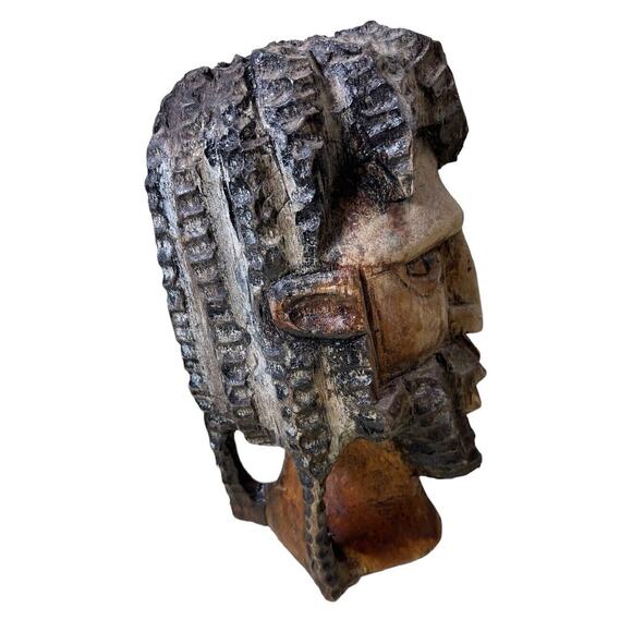 Carved Wood Man Dreadlocks Beard Bust Head Rastafari Brown Sculpture Folk Art - Picture 4 of 6
